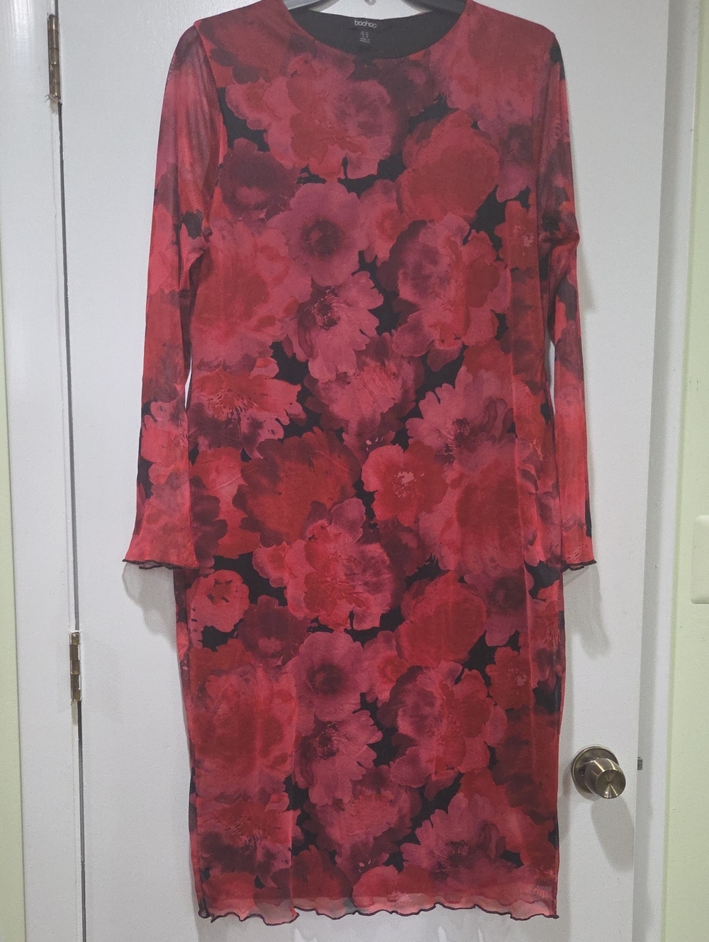 Boohoo Red Floral Long Sleeve Shift Dress with Black Accents And Mesh Sleves.